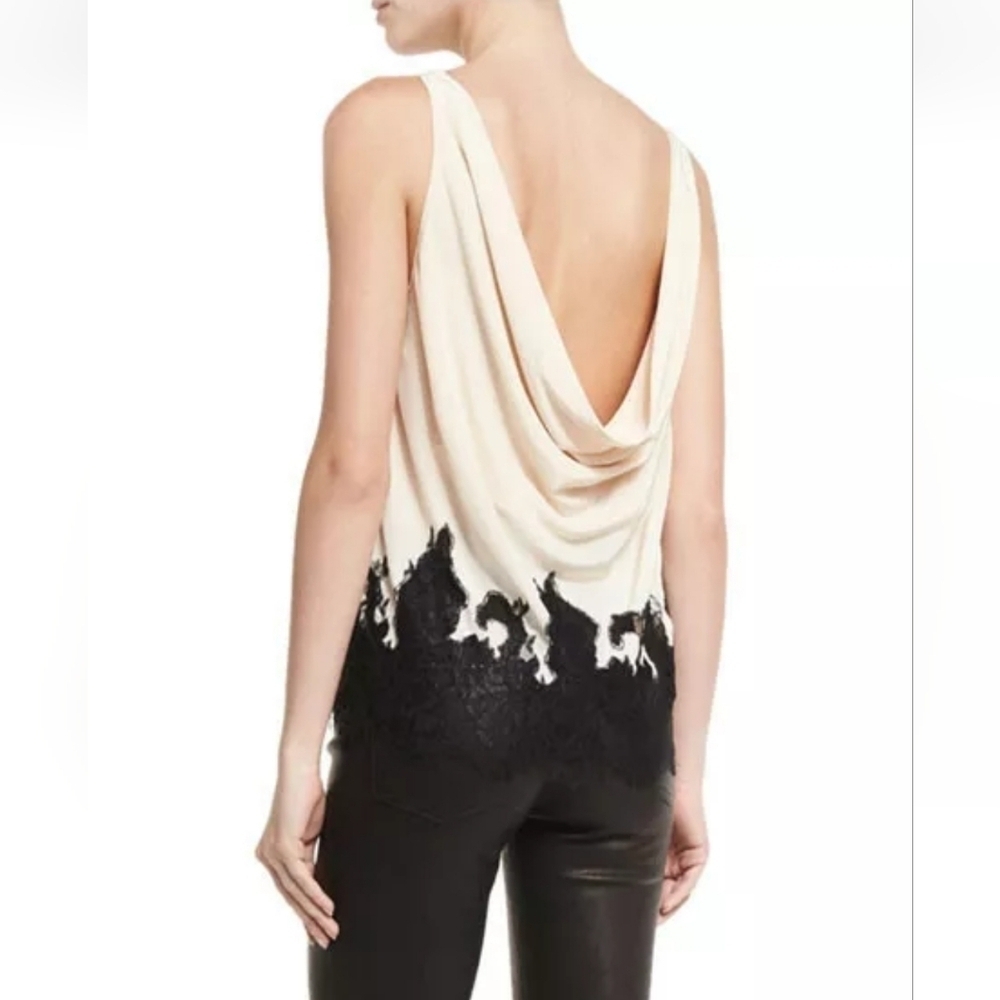 Alice + Olivia Marge Black Lace Champagne Silk Cowl Back Blouse Size Medium - Picture 2 of 10